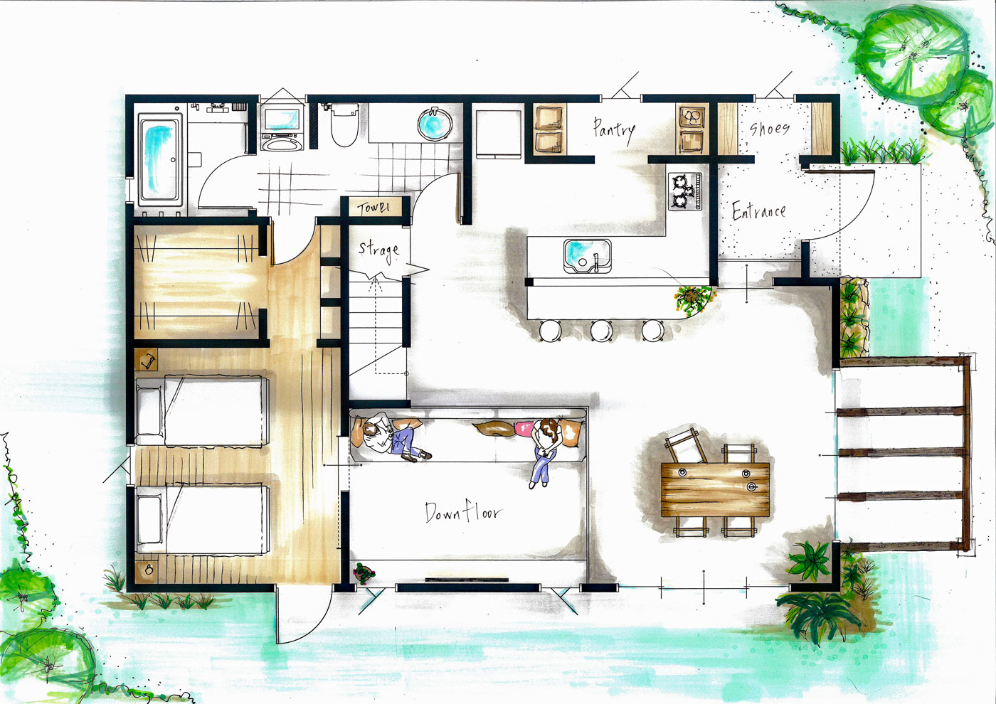 湘南の注文住宅プラン｜23坪＋小屋裏のミニマルカラーの間取り図